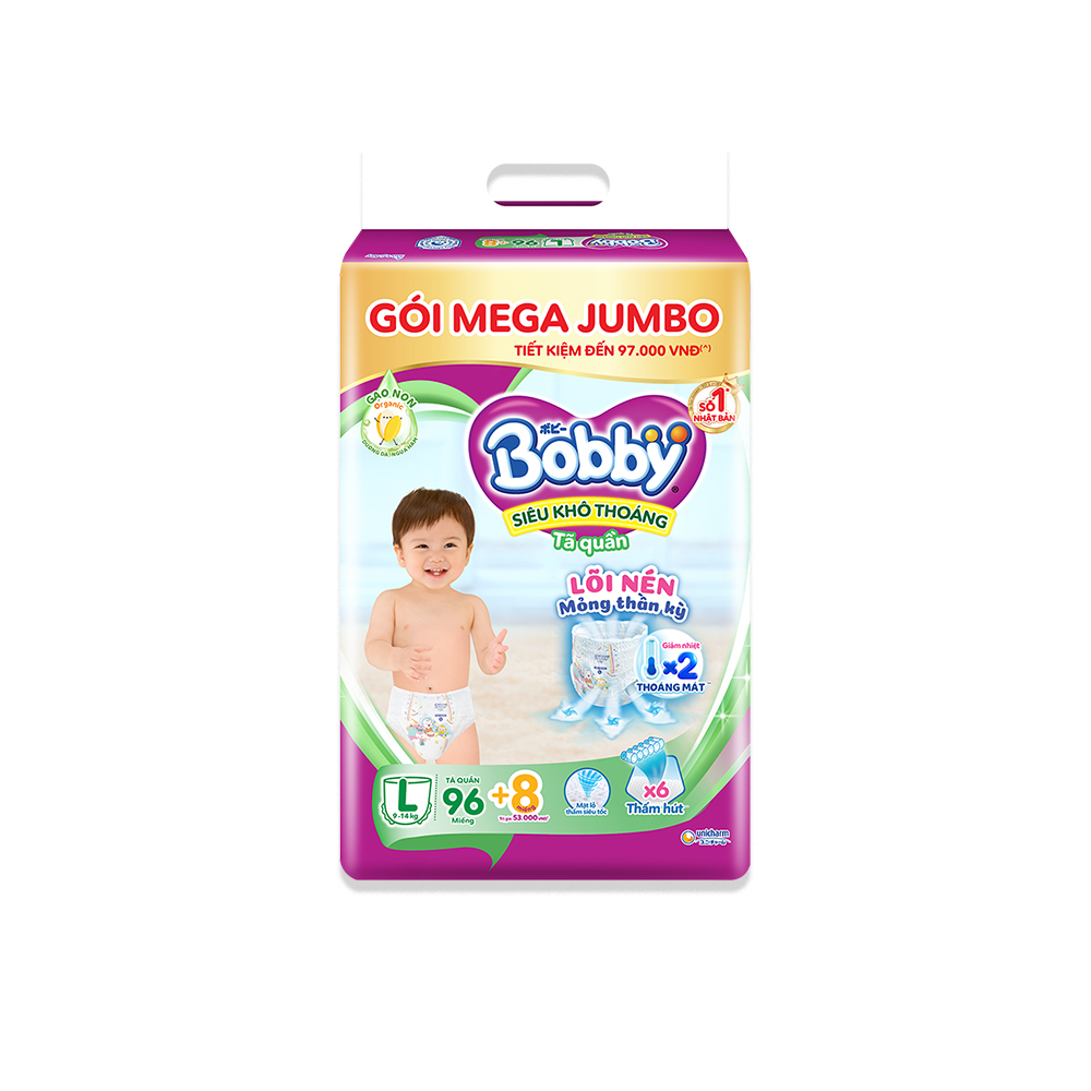 Combo 2 Tã/bỉm quần Bobby 3mm Gạo non L
