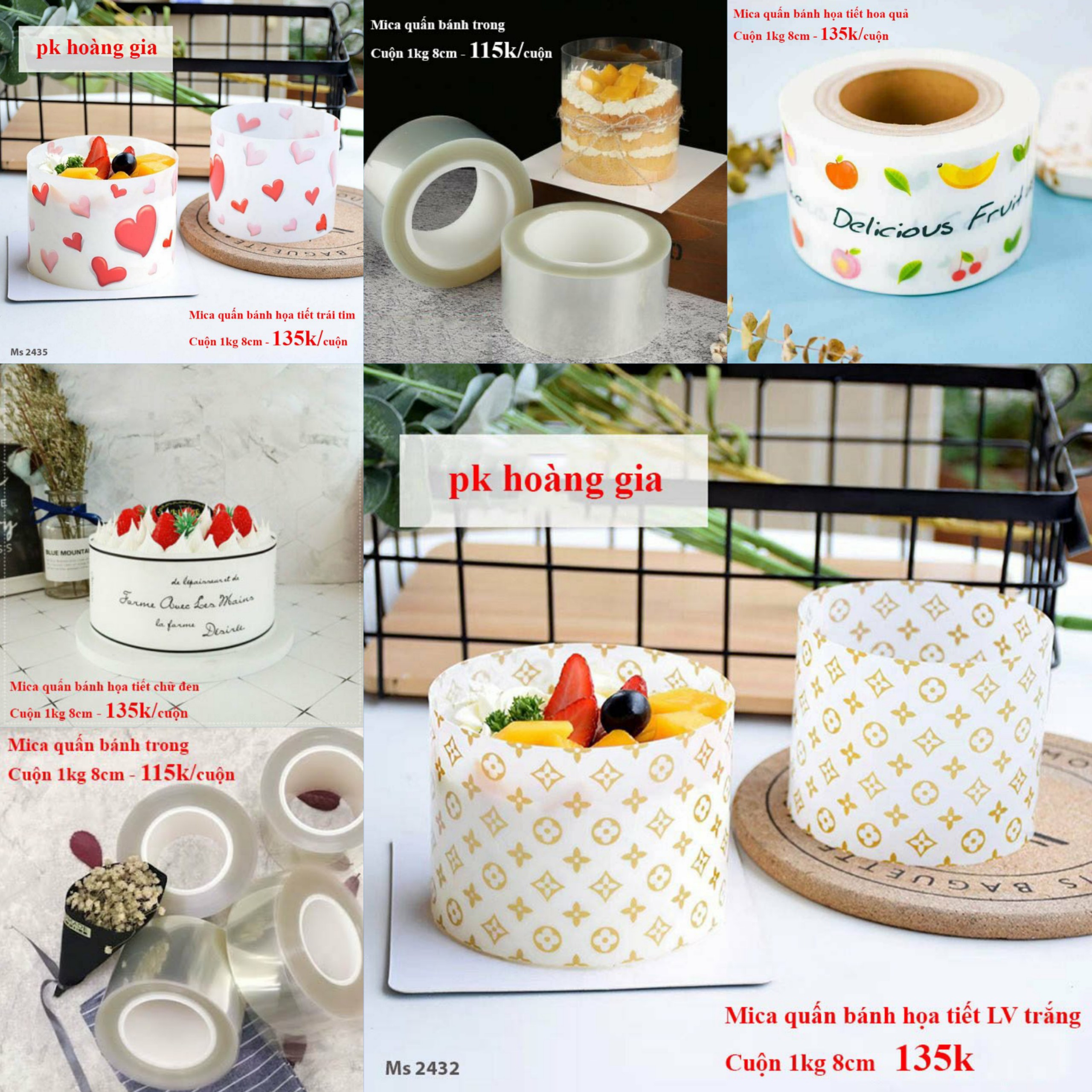 Trang trí bánh sinh nhật, bánh kem - Cuộn mica quấn bánh trong, họa tiết cao 8cm
