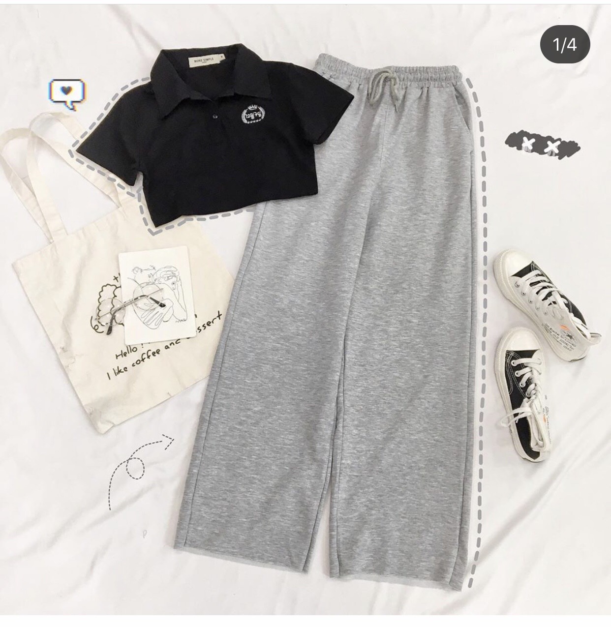 Set quần suông xám trơn + crop petter thêu logo
