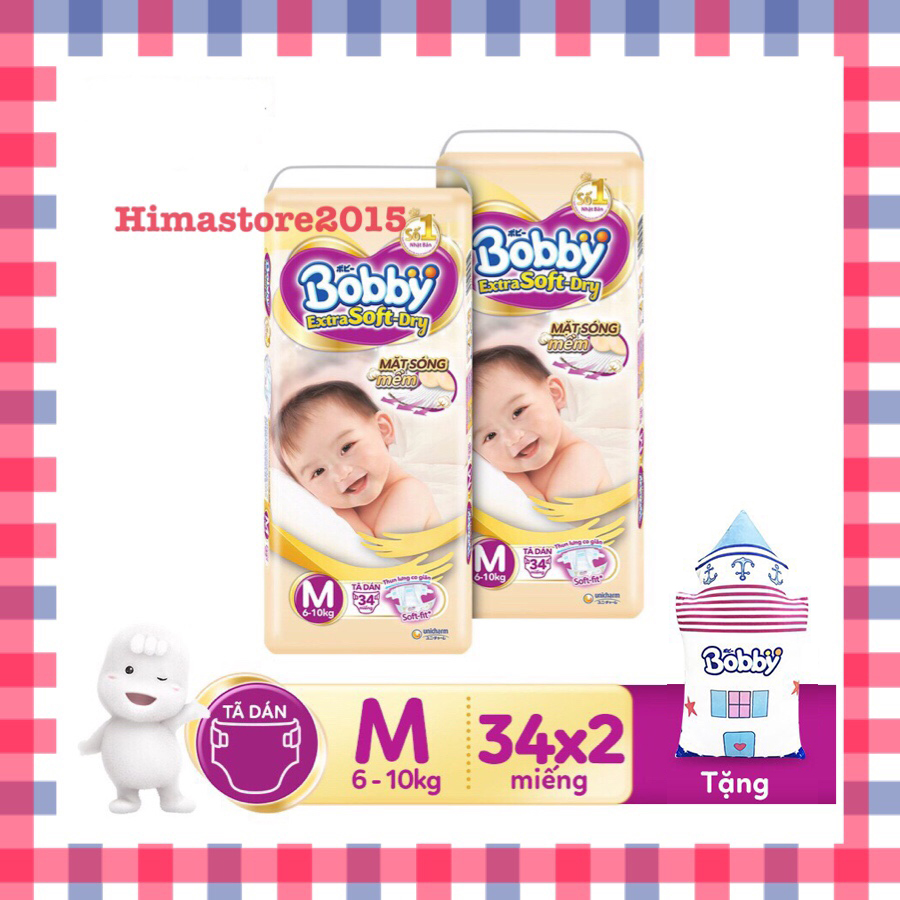 [HCM][Tặng GỐI ÔM LÂU ĐÀI] Bộ 2 gói Tã/bỉm dán cao cấp siêu mềm Bobby Extra soft size M 34 (6-10kg)