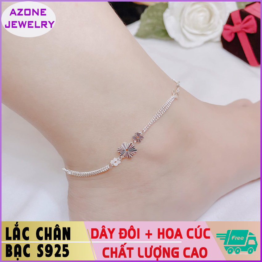 Lắc chân | Lắc chân bạc | Lắc chân nữ dây đôi đính hoa cúc Bạc S925 [FREESHIP] Hàng đẹp Khóa móc dễ dàng tháo lắp và tùy chỉnh kích thước #AZLC007 - Azone Jewelry