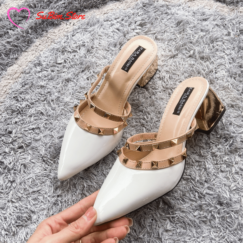 Sục mũi nhọn da bóng quai đinh gót vàng sang chảnh – subim.store