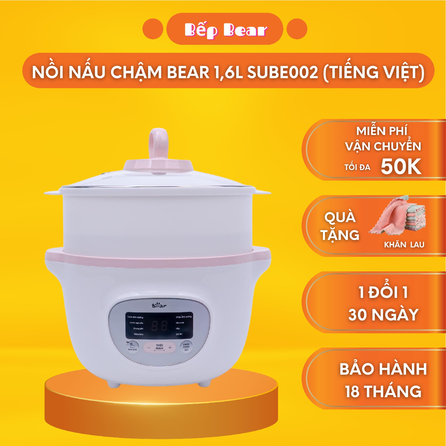Nồi Nấu Chậm Nồi Chưng Yến, Nồi Nấu Cháo Chậm 1.6L Bear SUBE002 Thông Minh, Kèm Lồng Hấp, Bản Quốc Tế Bảo Hành 18 Tháng