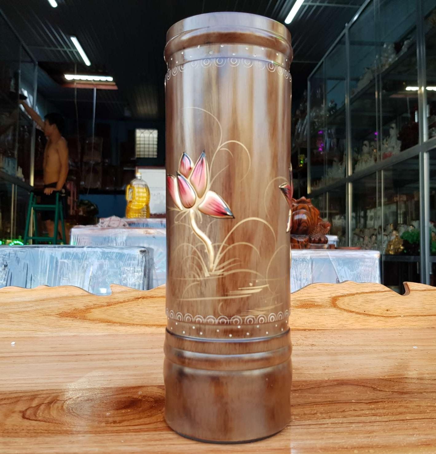 Ống nhang gỗ tràm bông vàng cẩn cao 27 cm