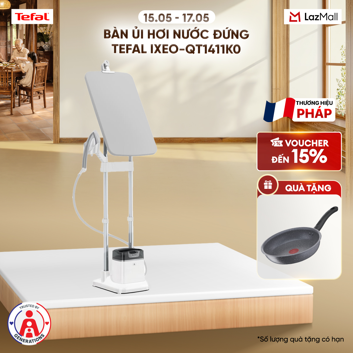 Bàn ủi hơi nước đứng Tefal IXEO Plus QT14 QT1411K0 - Hàng chính hãng - Bảo hành 2 năm