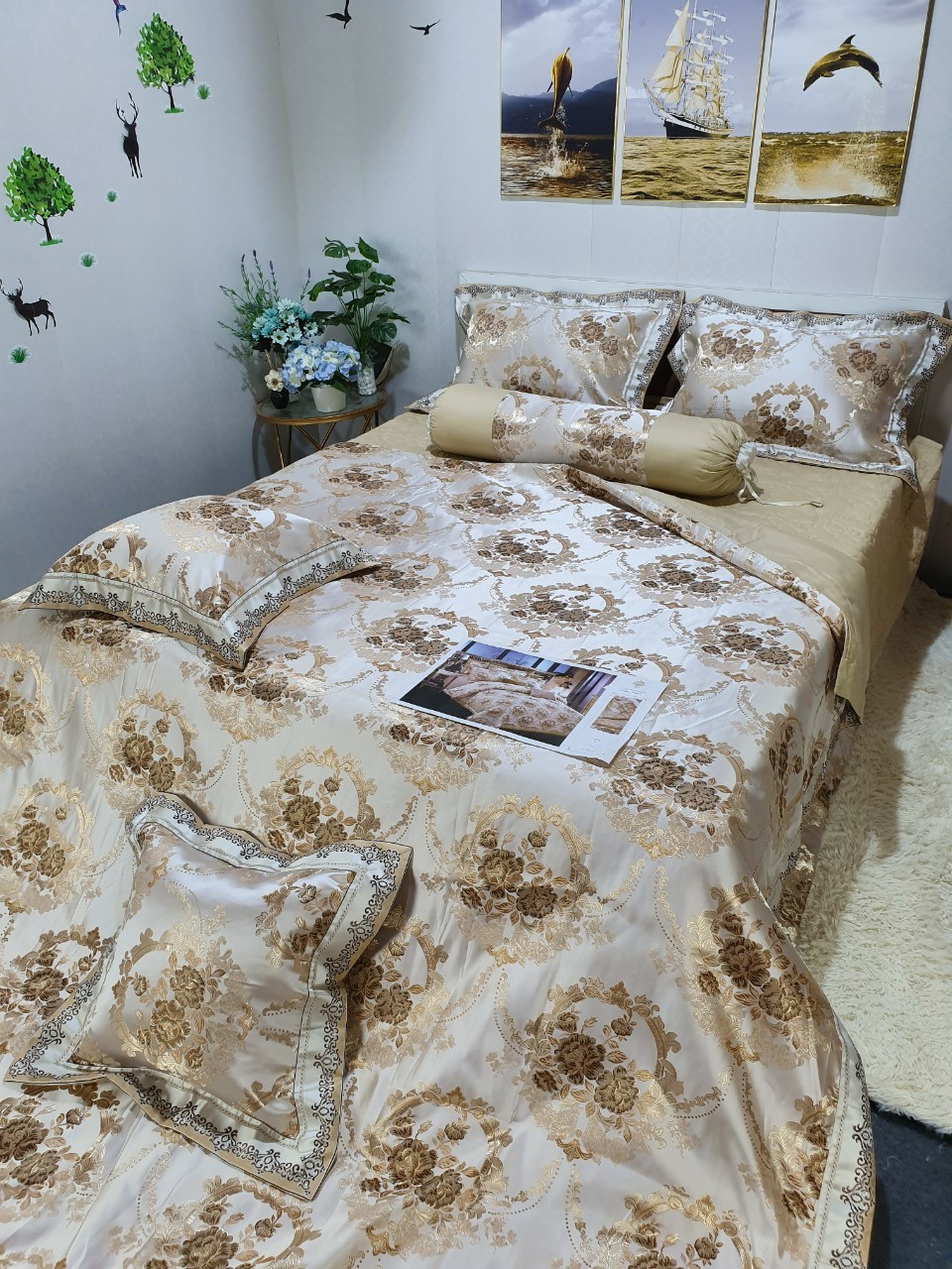 Bộ Chăn Ga Gối 5 Món Gấm Lụa hoàng gia Cao Cấp