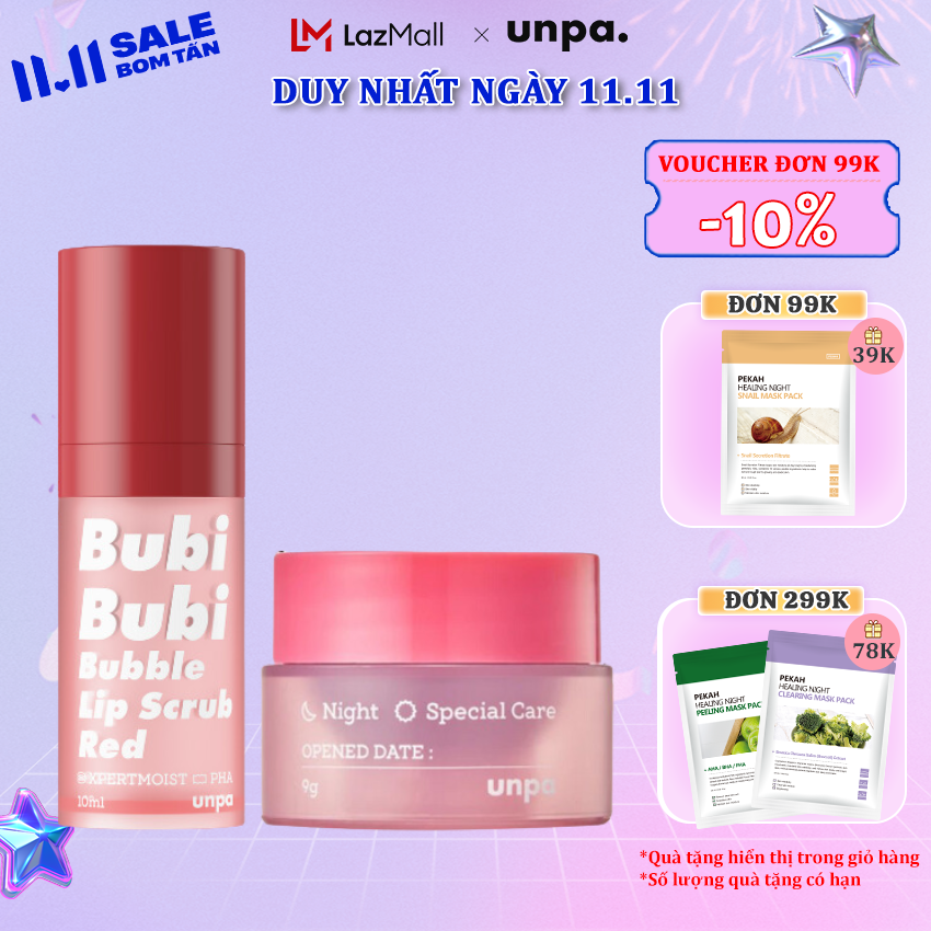 Bộ đôi dưỡng môi tẩy tế bào chết môi và mặt nạ môi Unpa Bubi Bubi Lip Scrub 10ml và Lip Mask 9G