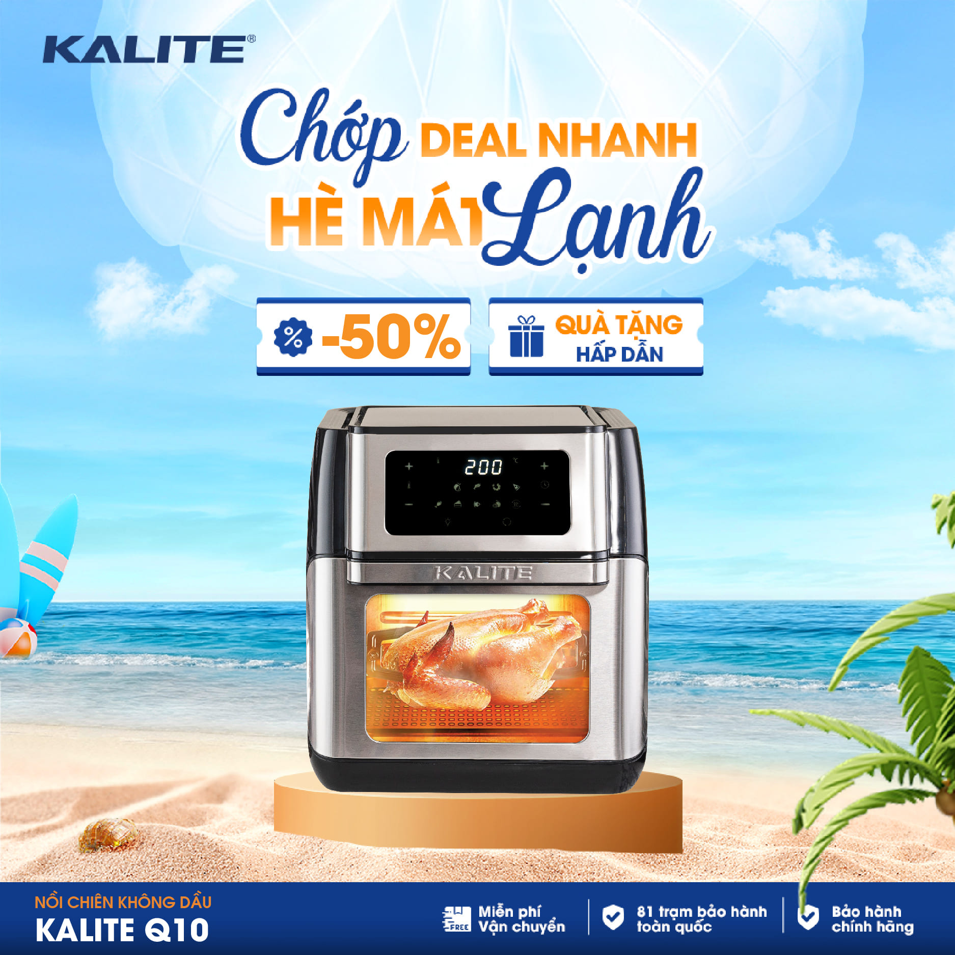  Nồi chiên không dầu Kalite Q10 công suất 1800W dung tích 10L thiết kế tinh tế với màn hình cảm ứng LCD và 10 chức năng nấu ăn chuyên sâu thao tác dễ dàng an toàn sử dụng bảo hành chí 