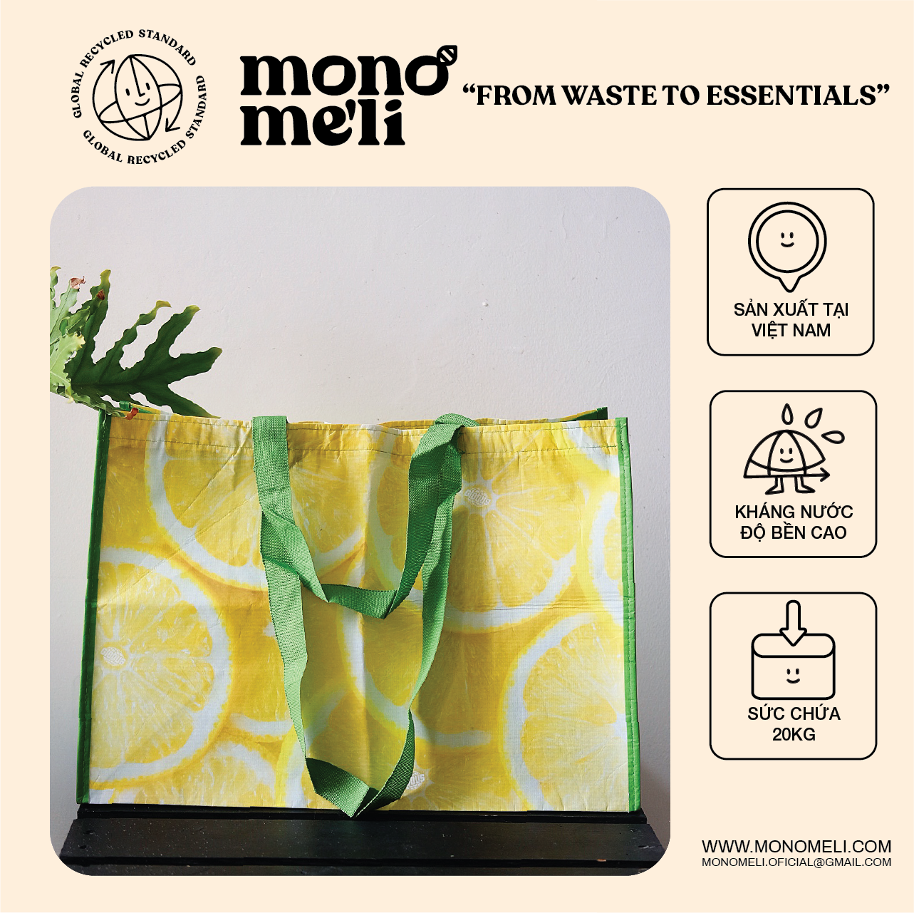 Túi đi chợ làm từ chai nhựa tái chế (50 x 35 x 20CM) họa tiết chanh mùa hè