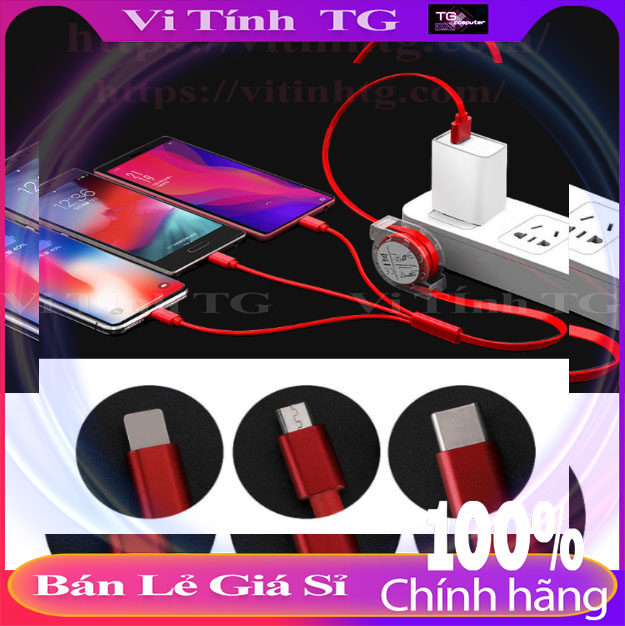 Dây cáp sạc iphone Lightning Samsung type C Micro Oppo dây cáp sạc điện thoại 3 đầu loại dây rút tiện lợi