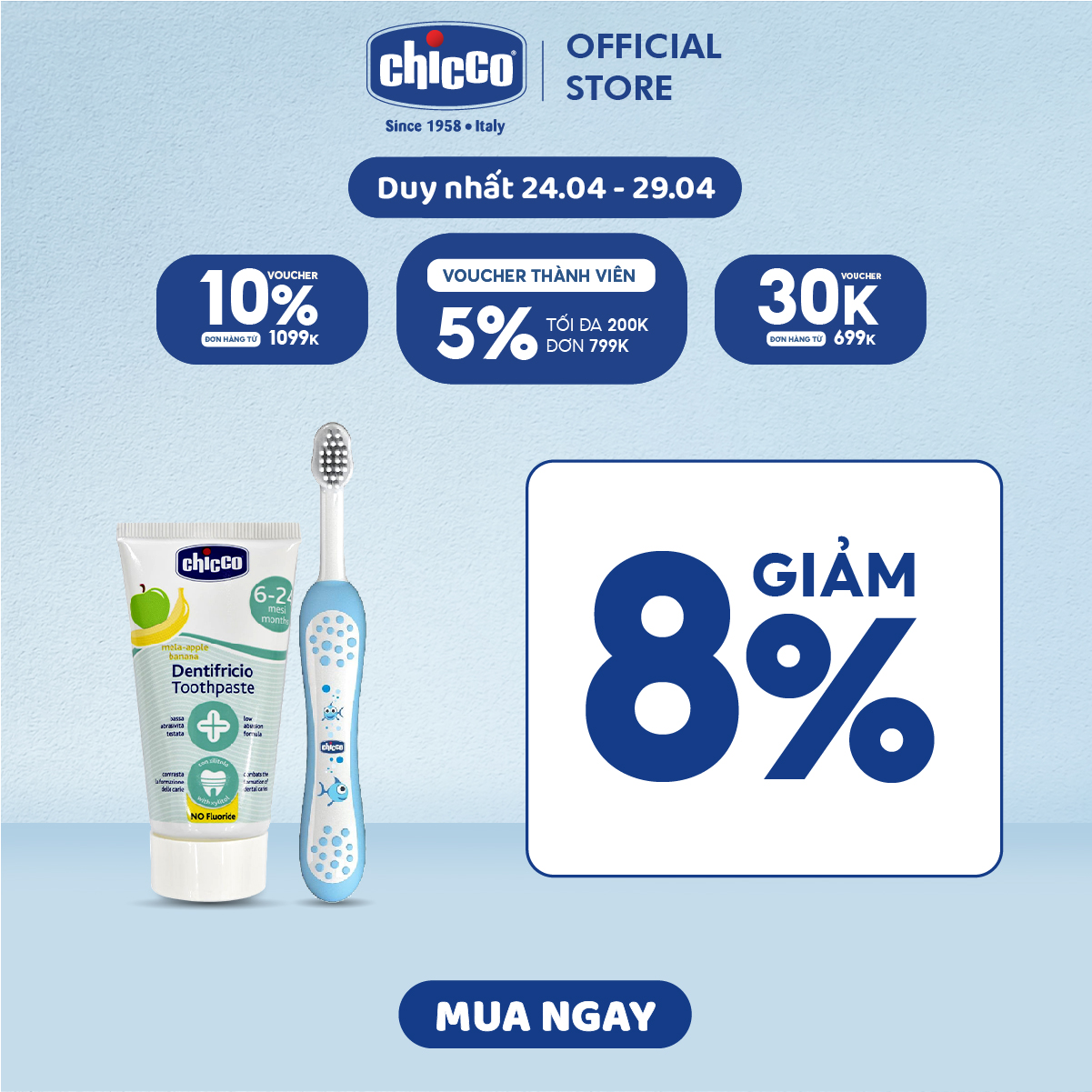 Combo Kem đánh răng hương dâu Chicco dung tích 15ml & Bàn chải đánh răng cho bé