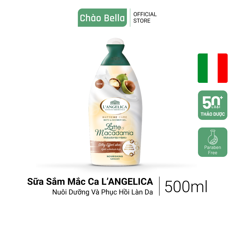Sữa Tắm Thảo Dược Cao Cấp Nhập Khẩu Ý L'angelica (Tinh Dầu Mắc Ca - Hương Thơm Nhẹ Nhàng) | Trắng Da, Dưỡng Ẩm, Chống Lão Hóa Da (500ml)