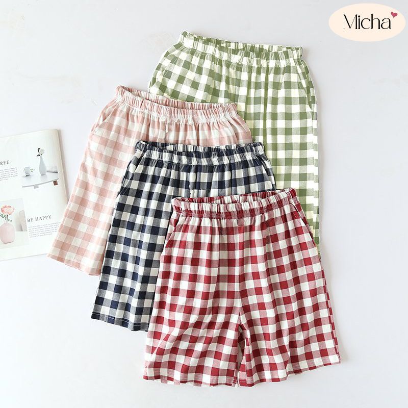 Quần đùi ngố nữ Micha cotton 100% cao cấp quần lửng ống rộng dài trên gối họa tiết kẻ caro