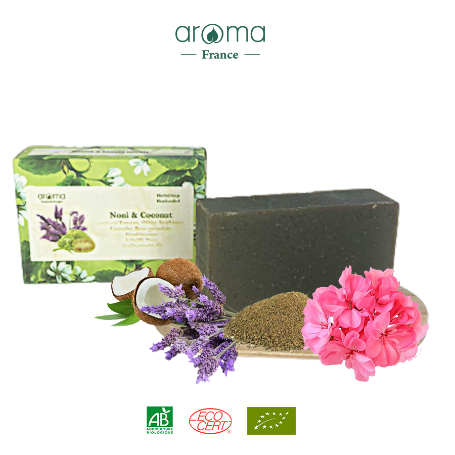 Xà Phòng Thủ Công Hồng Phong Lữ & Nhàu Aroma - Rose Geranium & Noni Handcrafted Soap - Xà phòng Dưỡng Ẩm, Sáng Mịn, Cân Bằng Độ Ẩm Trẻ hóa da, chống bạc tóc - Xà phòng thủ công Aroma Lành tinh, An toàn, hiệu quả, không tồn dư hóa chất