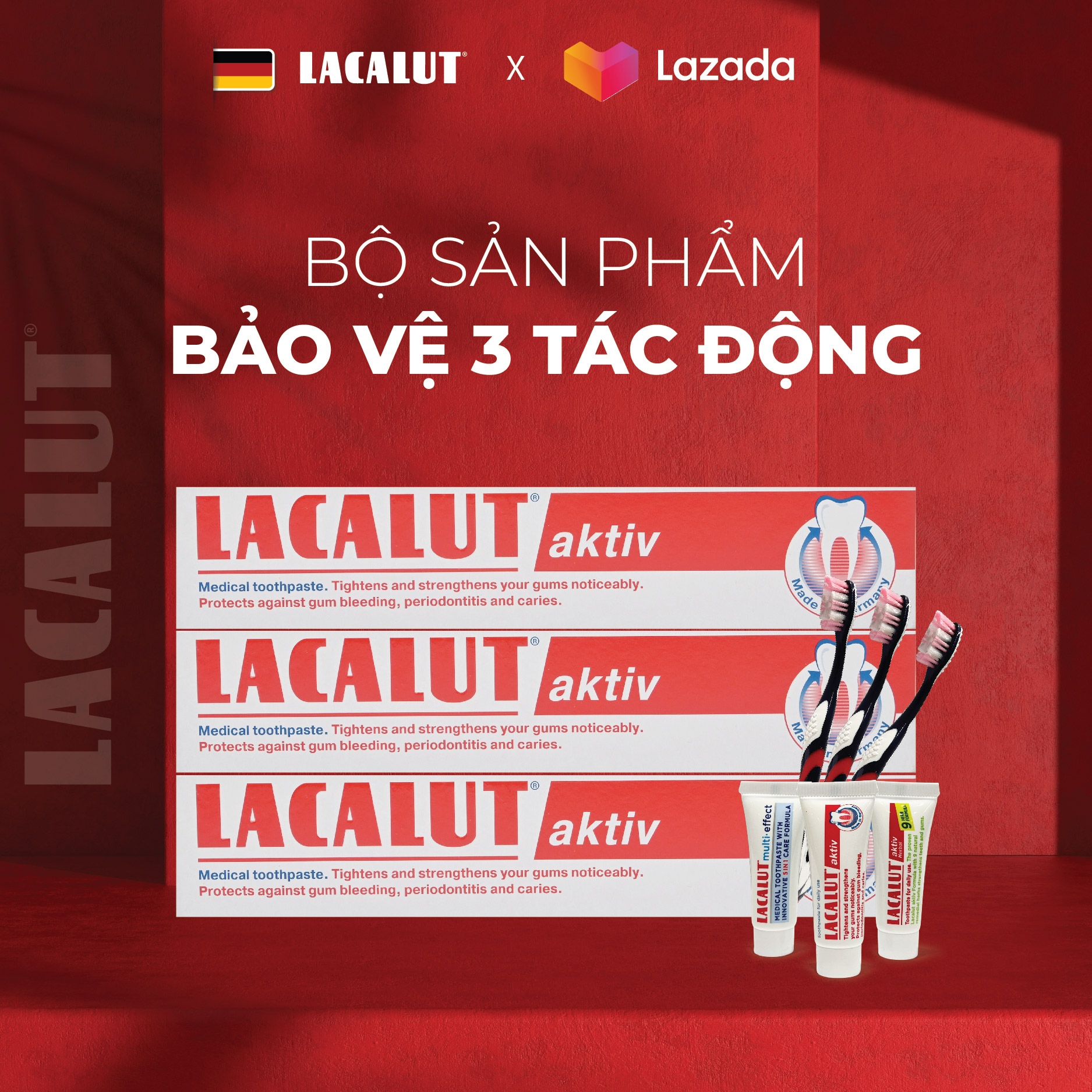 Combo tiết kiệm 3 kem đánh răng lacalut aktiv 75ml + 3 bàn chải + 3 mẫu thử