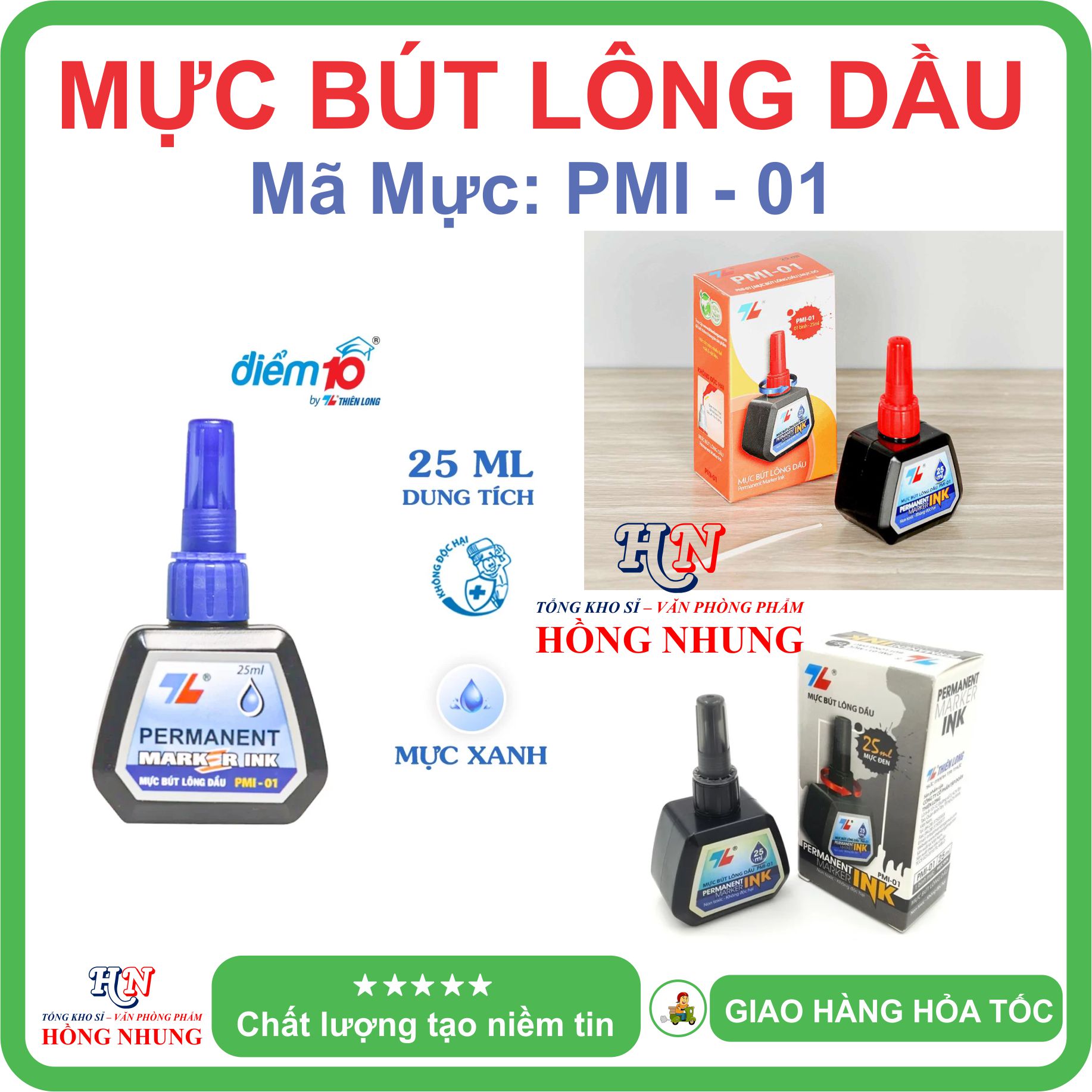 Combo lốc 6 lọ mực bút lông dầu thiên long pmi-01, mực tươi sáng, không độc hại.