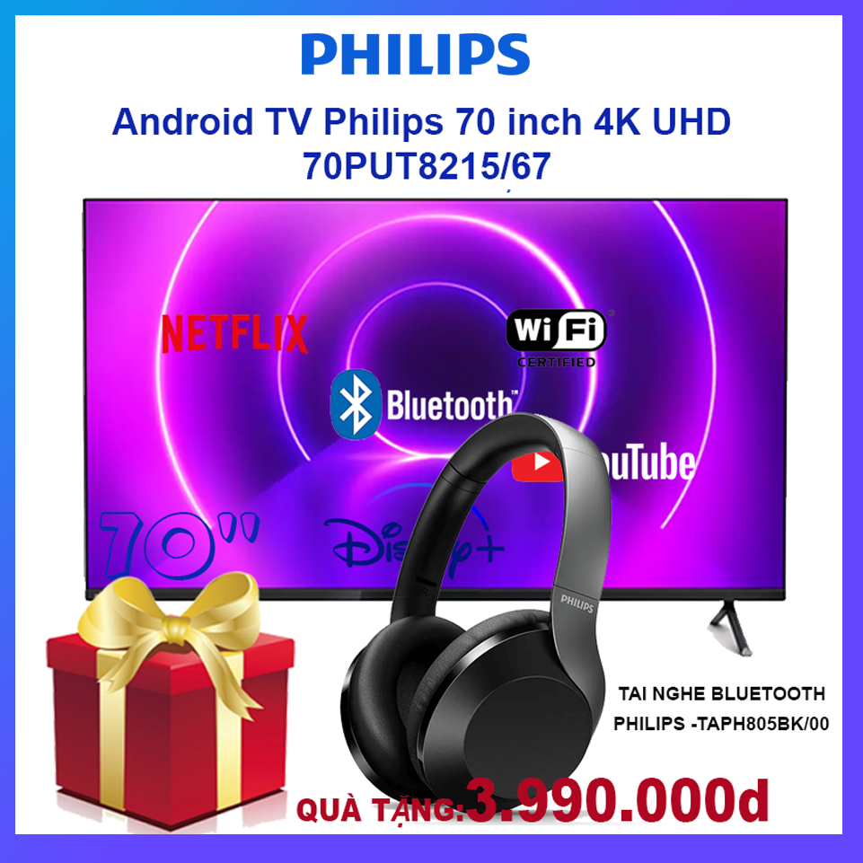 SMART TIVI 70 INCH PHILIPS 4K 70PUT8215/67- ÂM THANH VÒM DOLBY- (HÀNG CHÍNH HÃNG -THÁI LAN) - BẢO HÀNH 2 NĂM
