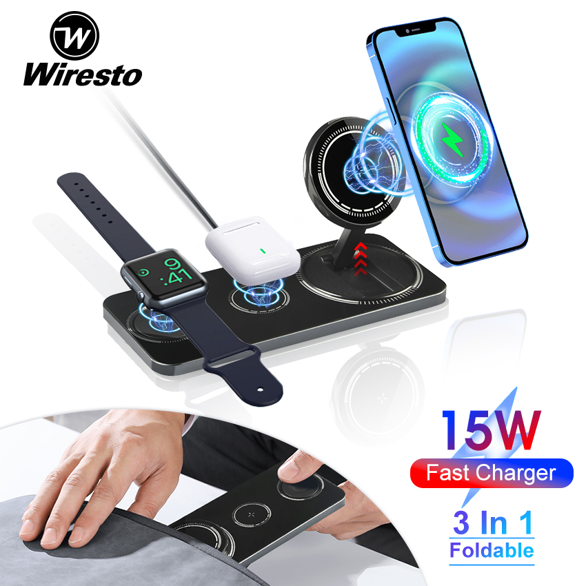 Wiresto 3 in 1 Wireless Charger Bracket Wireless Charging Station Foldable Charging Dock Stand 15W QI Fast Wireless Charger Holder for iPhone Watches Airpods