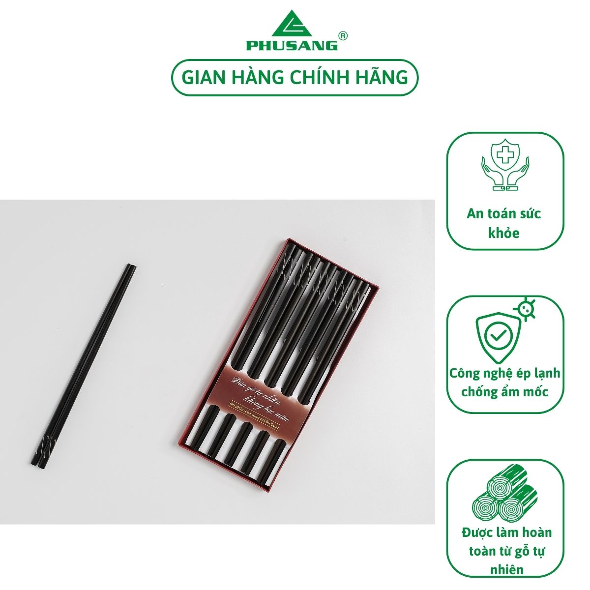 Bộ 10 đôi đũa cẩm xoắn PHÚ SANG không phủ PU chống mốc không chất tẩy hoàn toàn từ gỗ tự nhiên