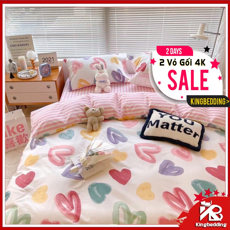 Bộ chăn ga gối 4 món, 3 món 1m2 1m4 1m6 1m8 2m2 trái tym hàn quốc mùa tình yêu - king bedding