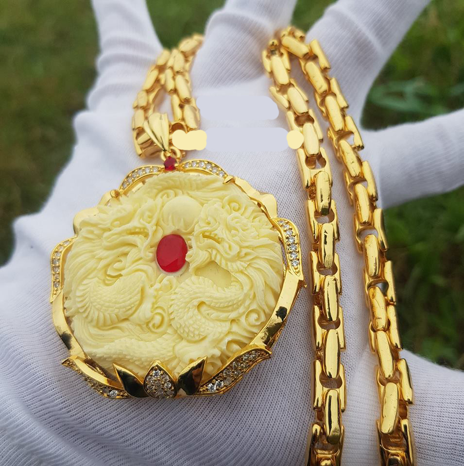 Dây Chuyền Nam Mạ Vàng Mặt Tròn Rồng Mạ Vàng Tặng Lá May Mắn Phong Thủy Để Ví Điện Thoại