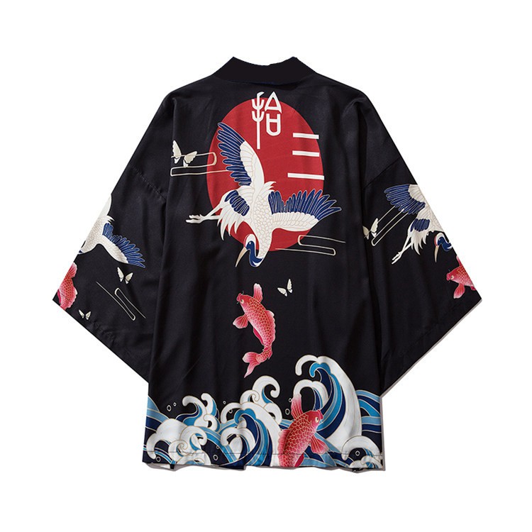 Áo khoác kimo Haori Nhật Bản form rộng họa tiết chim hạc