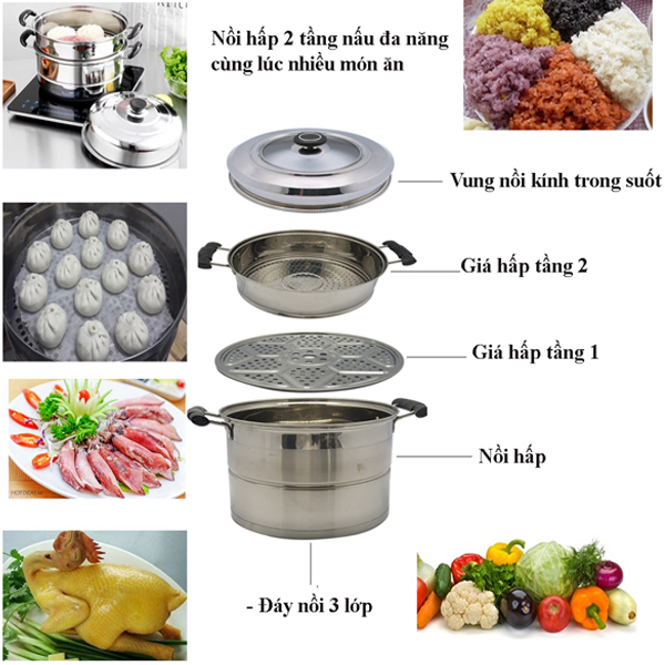 Nồi hấp inox 2 tầng 3 đay hoàng gia cao cấp đường kính 24cm