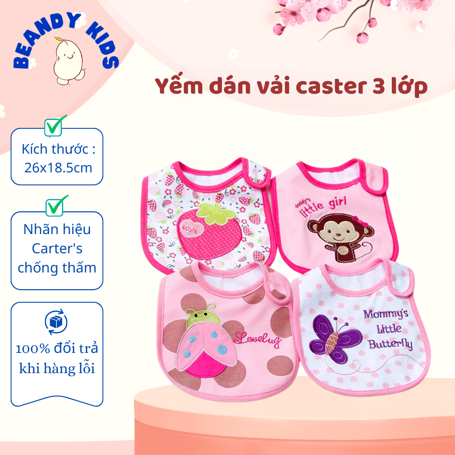Yếm ăn dặm chống thấm thêu hình thú yếm dán vải Cater 3 lớp cho bé Beandy Kids