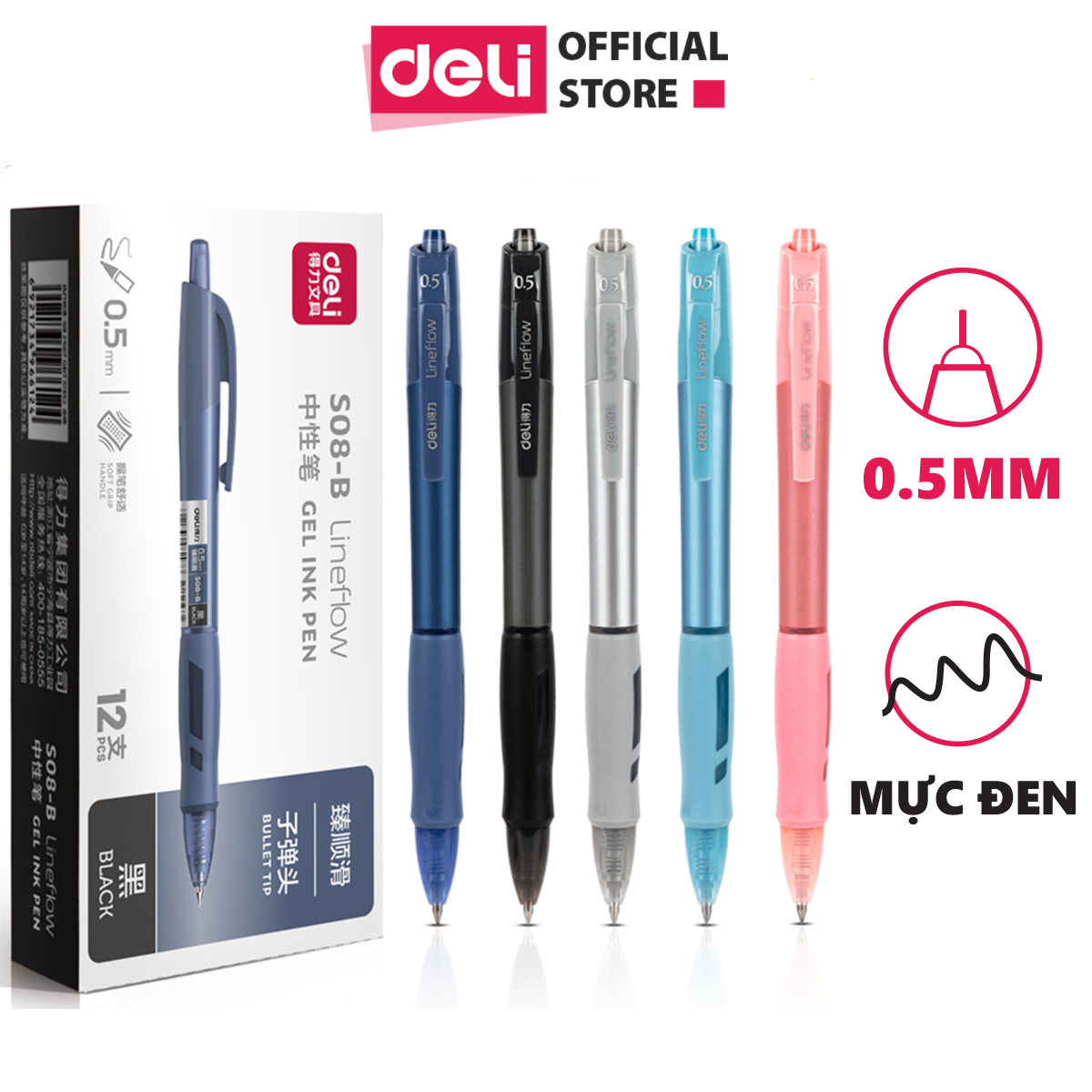 Bút bi mực gel đầu bấm ngòi 0.5mm DELI mực đều viết trơn, cầm nắm thoải mái - S08-B