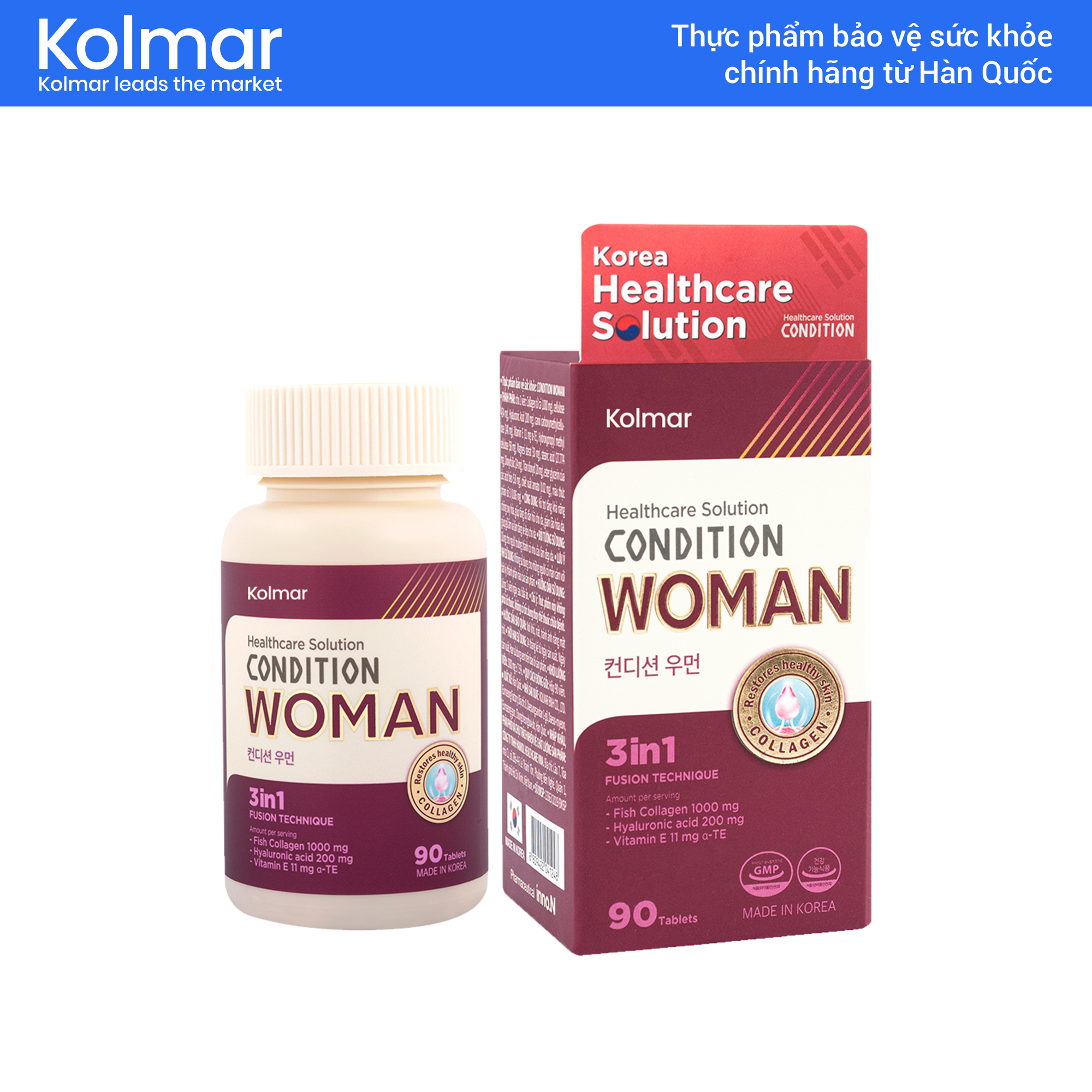 Kolmar - Thực Phẩm Bảo Vệ Sức Khỏe CONDITION WOMAN - Giúp bổ sung collagen Vitamin E cấp ẩm và làm tăng vẻ đẹp làn da - Hộp 90 Viên uống collagen