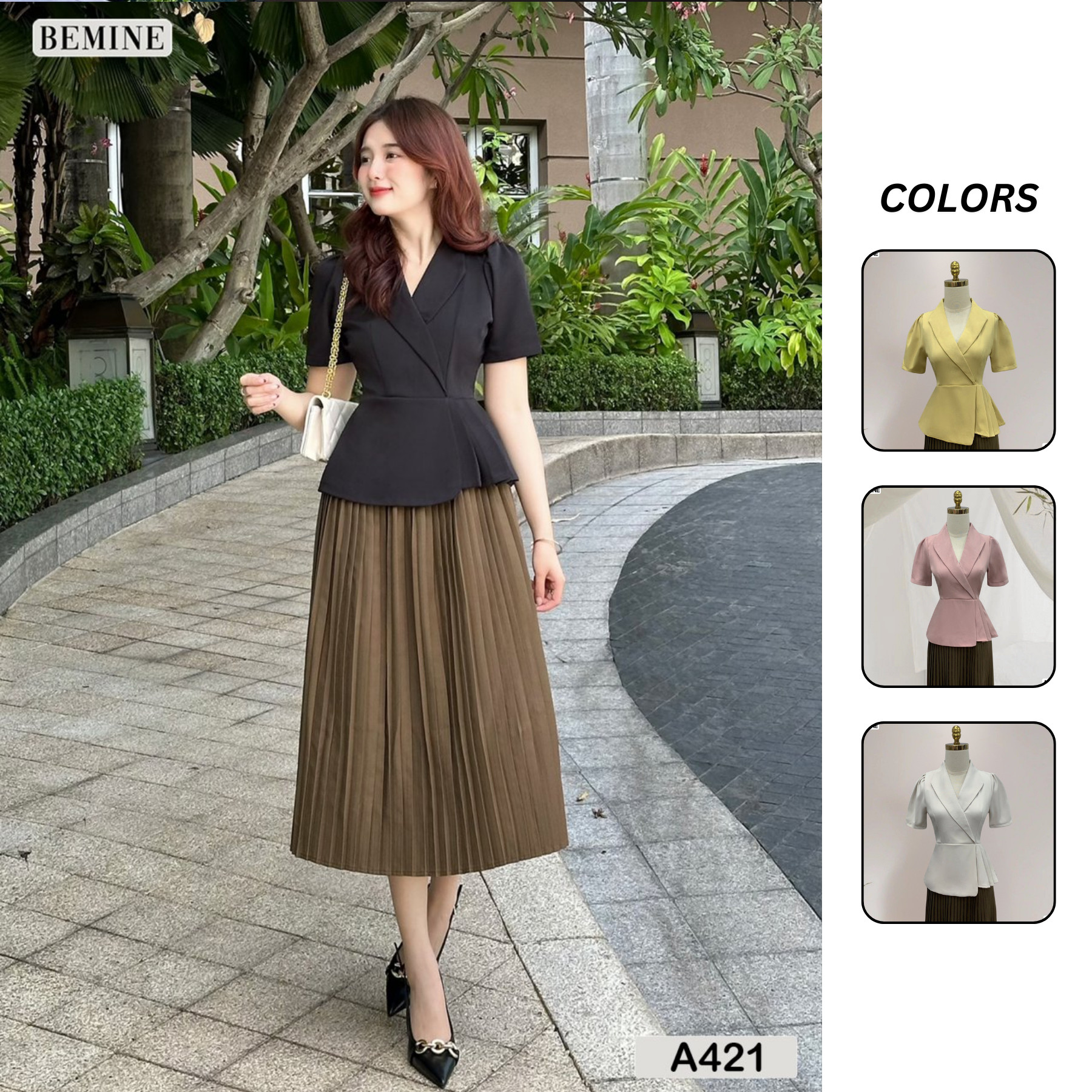 Áo kiểu cổ vest tay phồng xếp ly eo bemine a421