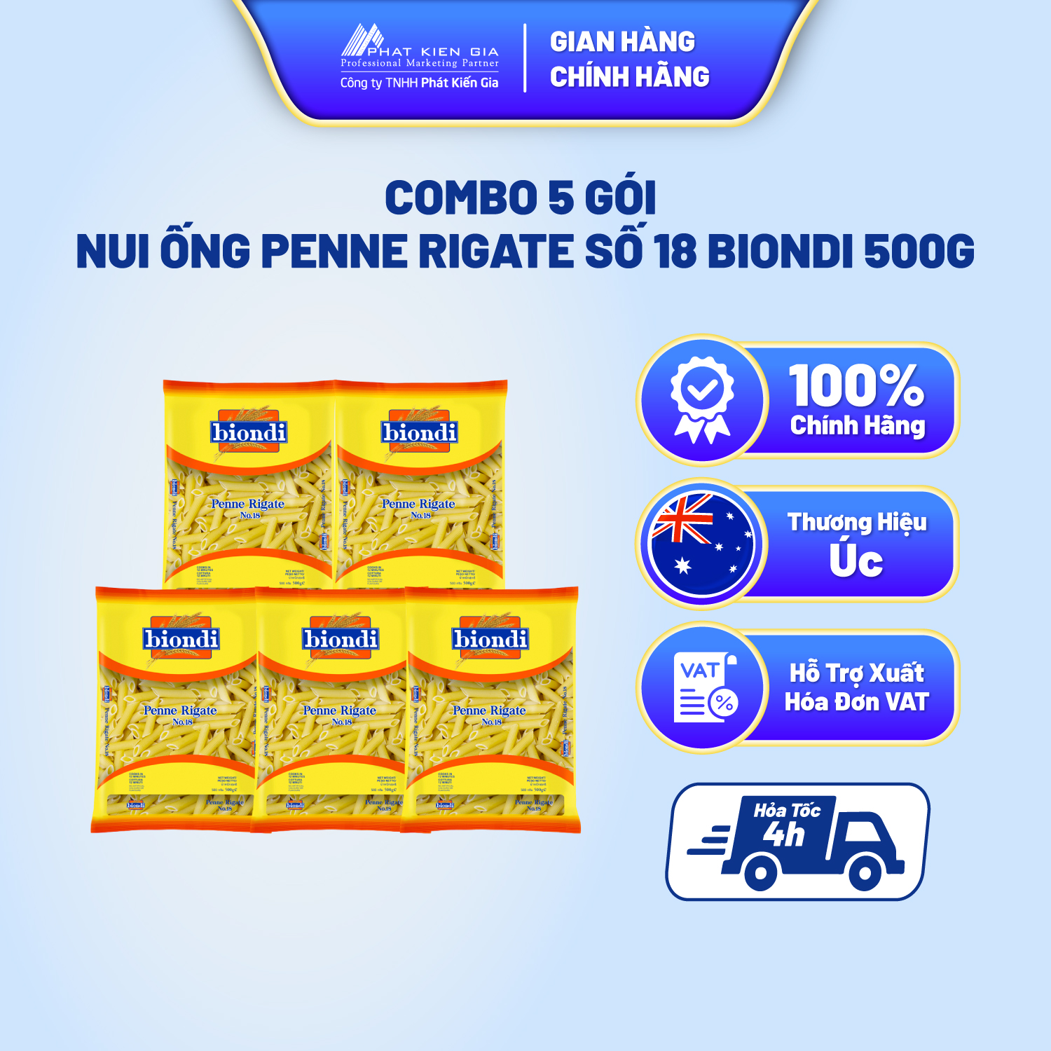COMBO 5 Gói Nui Ống Penne Rigate Số 18 Biondi 500g | Biondi Penne Rigate No.18 500g