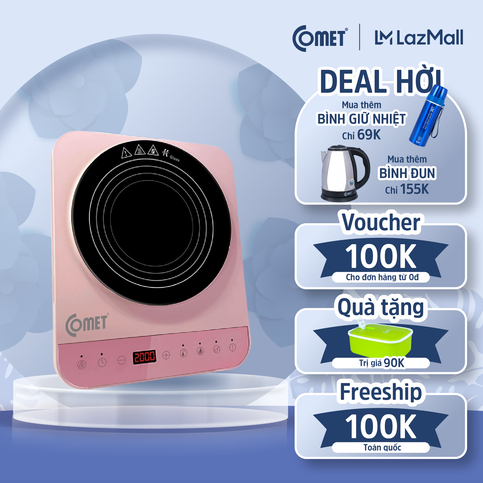 Bếp điện từ cảm ứng comet 2000w - cm5466 - tặng kèm nồi lẩu inox - an toàn, tiết kiệm điện - hàng chính hãng - bảo hành 12 tháng