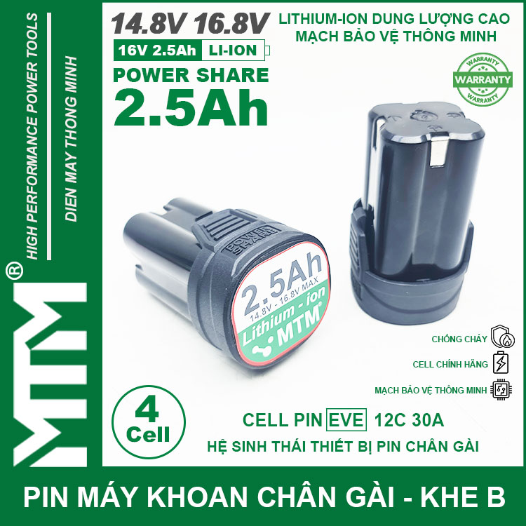 Pin máy khoan bắt vít 16.8V 2.5Ah 4 cell chuẩn chân gài khe B – Cell EVE 12C 30A