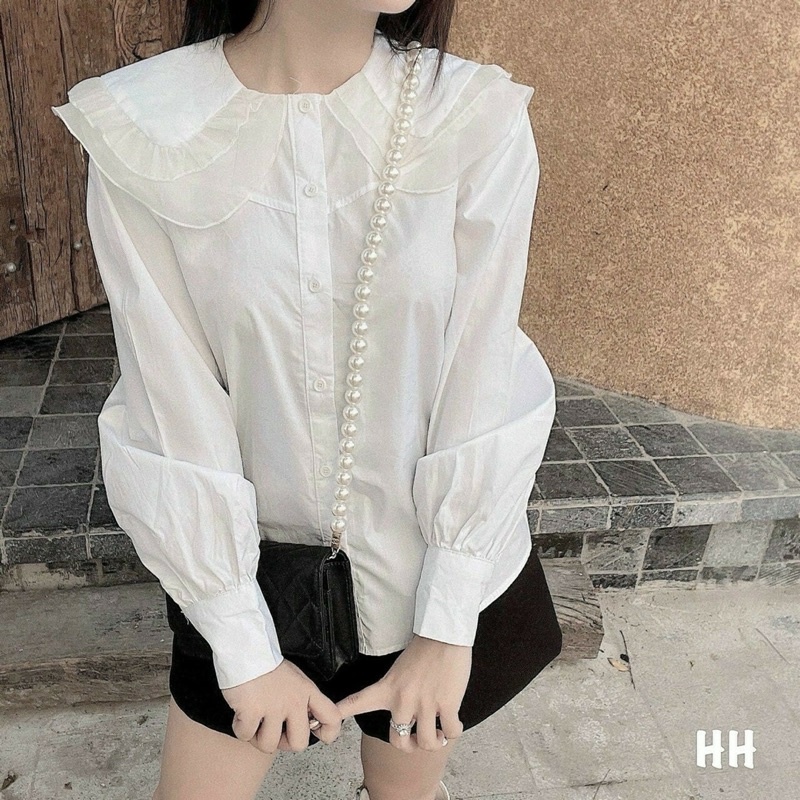 Áo sơ mi trắng nữ cổ sen ren bèo - Áo sơ mi nữ mặc đi học đi làm