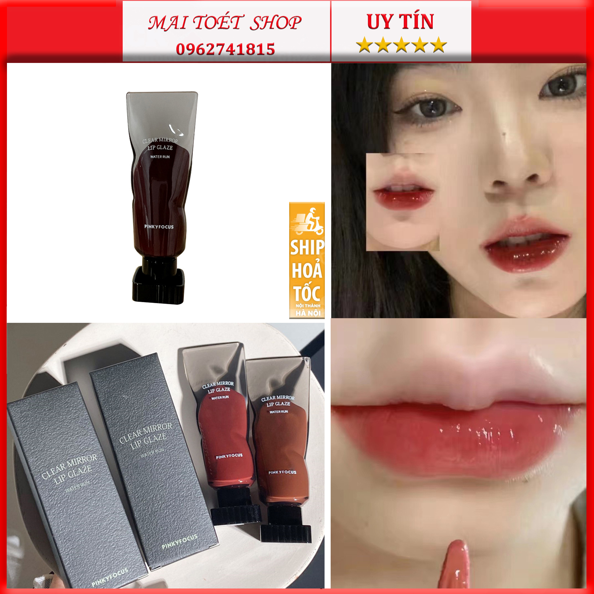Son tint bóng dạng tuýp Pinky Focus Lip Glaze, son môi nội địa trung