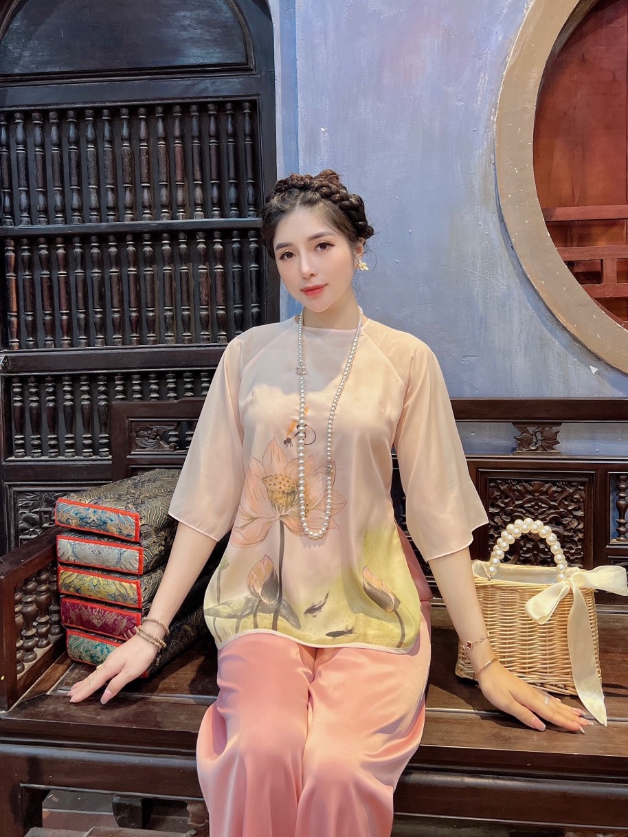 Set lam/Pháp phục tơ voan in sen cao cấp Diệu Hạnh