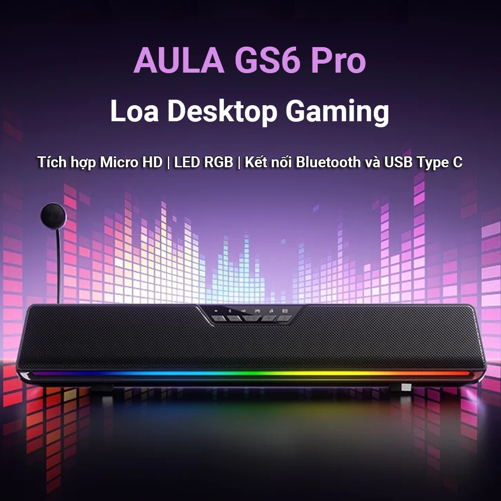 Loa bluetooth Gaming AULA GS6 Pro - Thiết kế soundbar tiết kiệm diện tích - Âm thanh vòm 7.1 có led RGB nháy theo nhạc - Chính hãng AULA bảo hành 12T