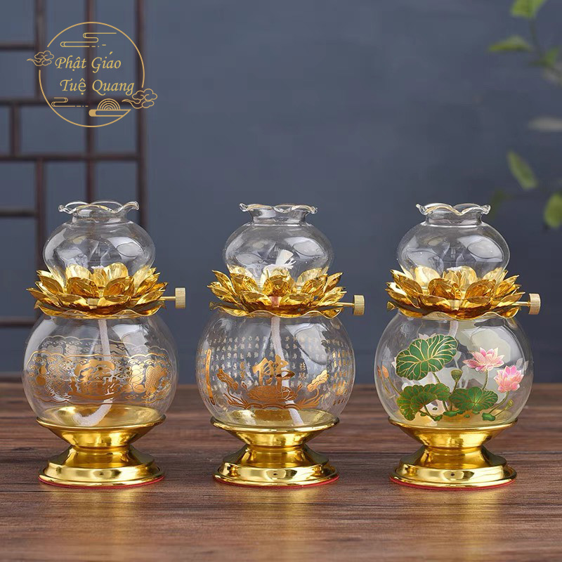 Đèn dầu 5525 thủy tinh ,pha lê có 3 loại hoa văn ,hình chữ phật, chiếu tài tấn bảo,hoa sen -phật giáo tuệ quang