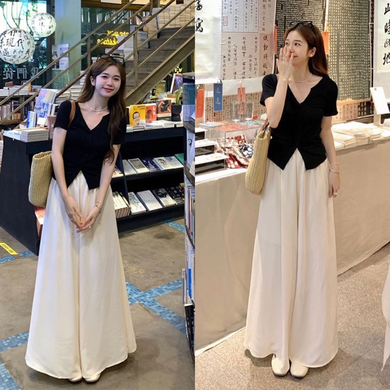Set áo zip đen kiu shop cổ v mix quần suông be lụa sần ống rộng form xoè kèm ảnh thật