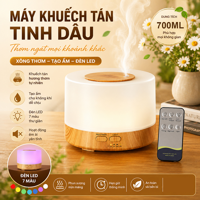 Máy Khuếch Tán Tinh Dầu 700ML Kèm Điều Khiển Từ Xa, Máy Tạo Ẩm Phun Sương Đèn LED 7 Màu