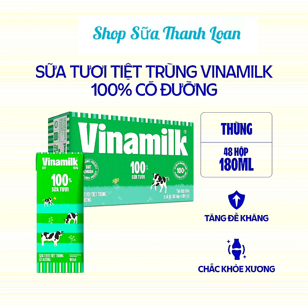 (HSD T1-2025) Thùng 48 Hộp Sữa Tươi Tiệt Trùng Vinamilk 100% Có Đường 180ml.