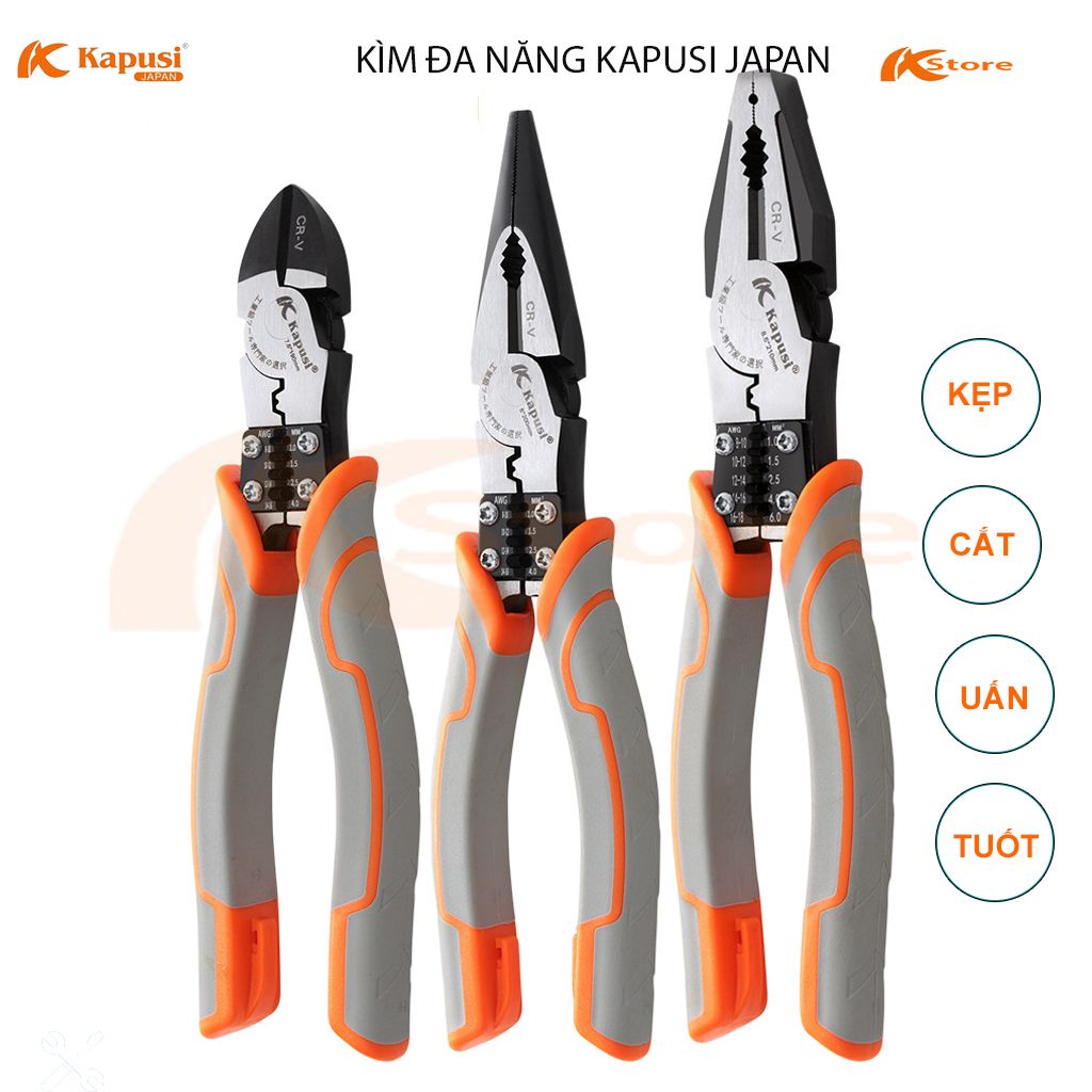 BỘ 3 KÌM ĐIỆN - KÌM CẮT - KÌM NHỌN ĐA NĂNG CAO CẤP 4 TRONG 1 KAPUSI JAPAN. CÁC CHỨC NĂNG KẸP - CẮT - UẤN - TUỐT DÂY TỪ 1.0, 1.5, 2.5, 4.0, 6.0MM, KỀM ĐIỆN TIÊU CHUẨN NHẬT BẢN