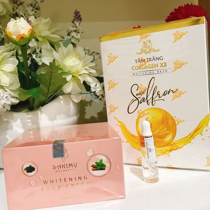 Bộ 3 Body Sakimy, tắm trắng collagen x3 mix saffron và Serum kích trắng Sakimy (Chính hãng)