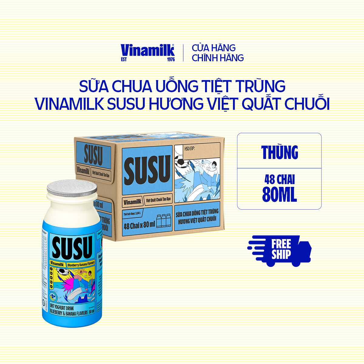 Sữa Chua Uống Tiệt Trùng Vinamilk SuSu hương Việt Quất Chuối - Thùng 48 chai 80ml
