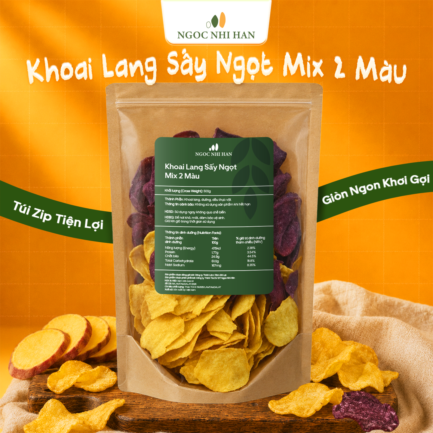 Khoai Lang Sấy Ngọt Mix 2 Màu Ngọc Nhi Hân Túi Zip 500g - Khoai Lang Sấy Giòn, Thơm Ngọt, Ăn Vặt