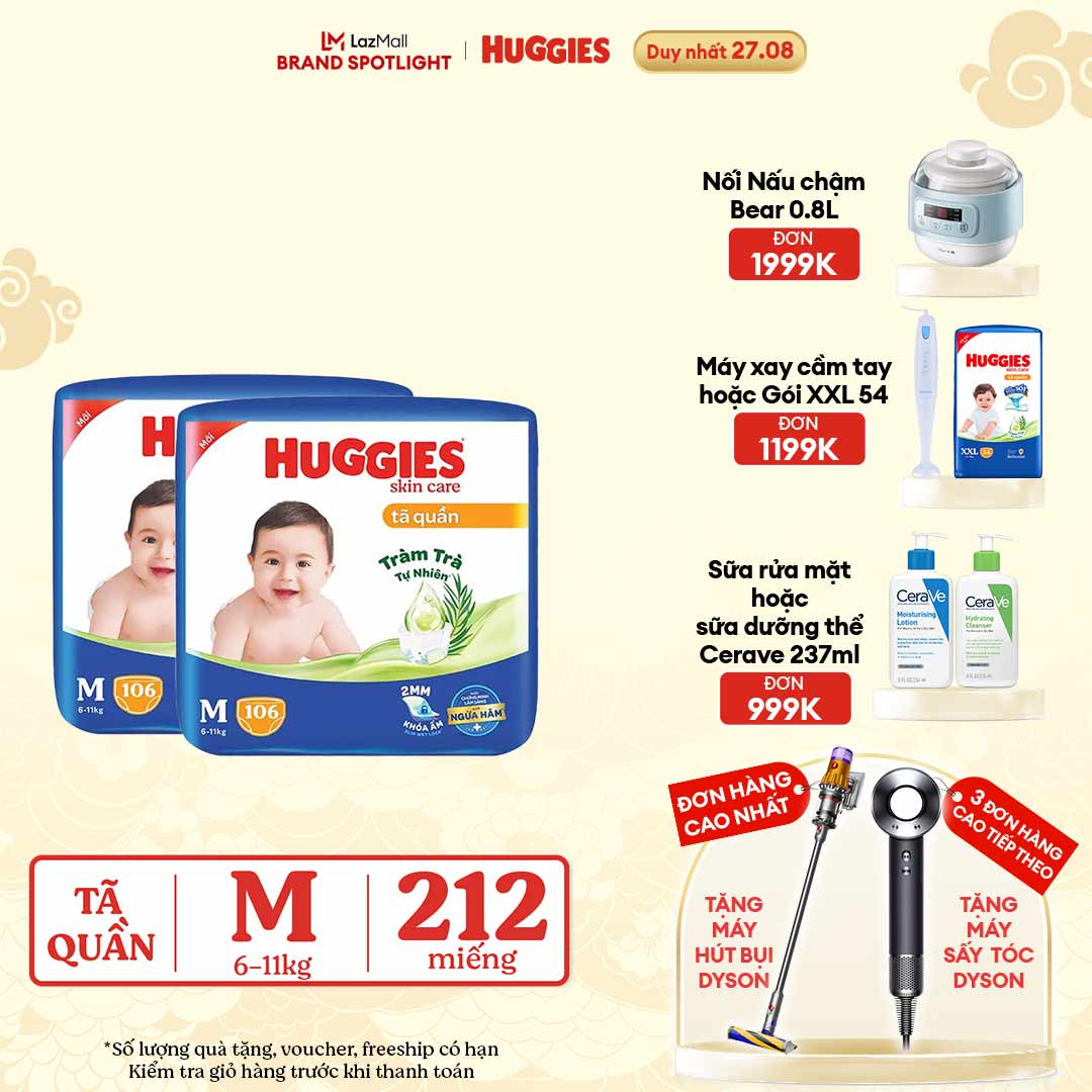 Combo 2 gói tã/bỉm quần huggies skincare mega jumbo size m106 miếng