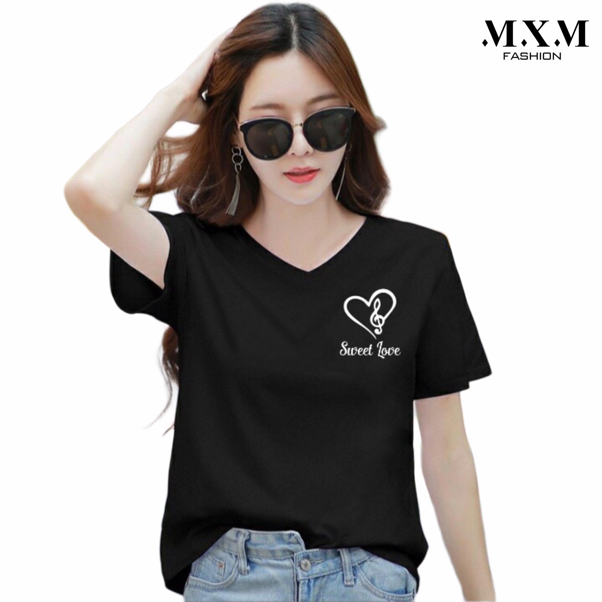 [HCM]Áo thun nữ MXM cổ tim form rộng in tim Sweet Love thun cotton 4 chiều từ 40-60kg  ( ANU035 )