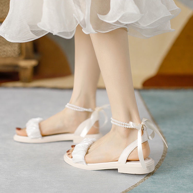 Sandal nữ đế bằng quai ngọc đính nơ tiểu thư, Dép Sandal nữ, Dép nữ đi học