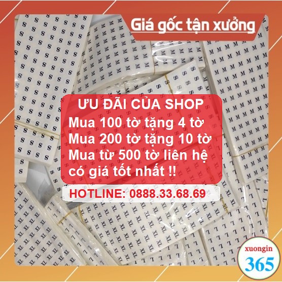 Tem size dán quần áo - decal size xs, s, m, l, xl.. dán quần áo